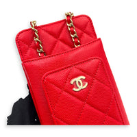 CC Phone Holder Red in Caviar Leather, Gold hardware