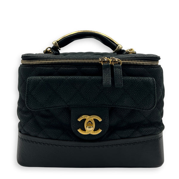 Globe Trotter Top Handle Bag Black in Caviar Leather, Gold hardware