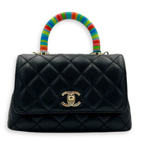 Flap Top Handle Bag Mini Black in Lambskin, Silver hardware