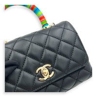 Flap Top Handle Bag Mini Black in Lambskin, Silver hardware