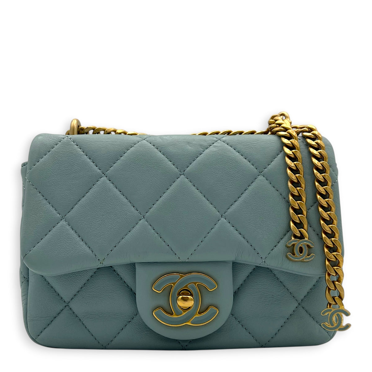 Mini Square Blue Shoulder Bag in Calfskin, Gold Enamel hardware