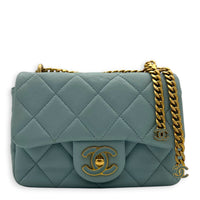 Mini Square Blue Shoulder Bag in Calfskin, Gold Enamel hardware