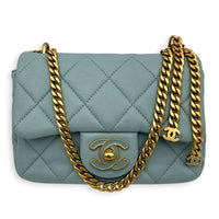 Mini Square Blue Shoulder Bag in Calfskin, Gold Enamel hardware