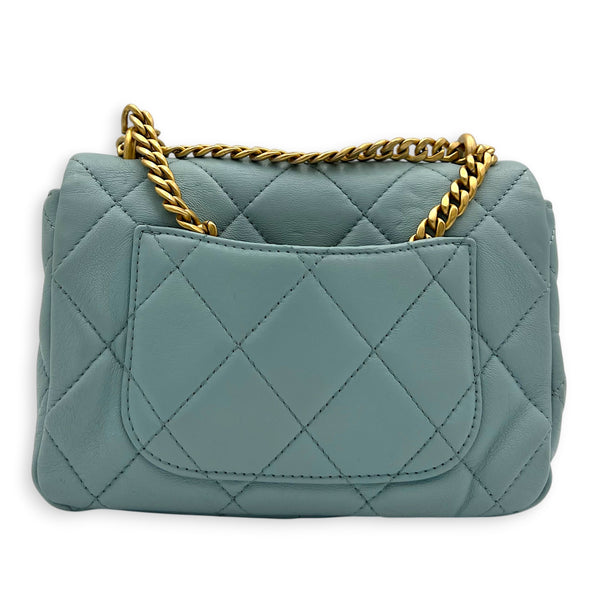 Mini Square Blue Shoulder Bag in Calfskin, Gold Enamel hardware