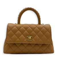 Coco Handle Quilted Top Handle Bag Brown in Caviar Leather, Gold hardware