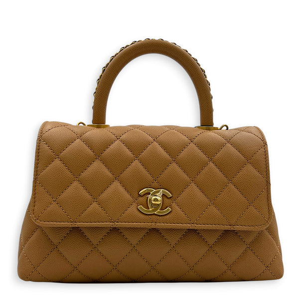 Coco Handle Quilted Top Handle Bag Brown in Caviar Leather, Gold hardware