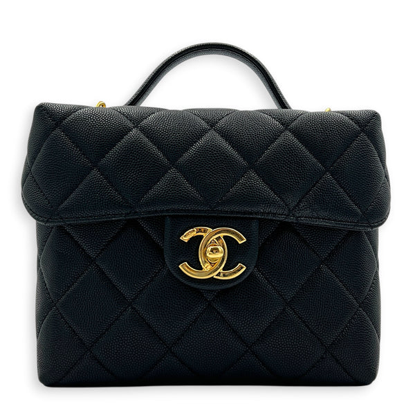 23C Vanity Box Top Handle Bag Black in Caviar Leather, Gold hardware