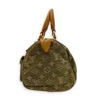 Neo Speedy Green Top Handle Bag in Denim, Gold hardware