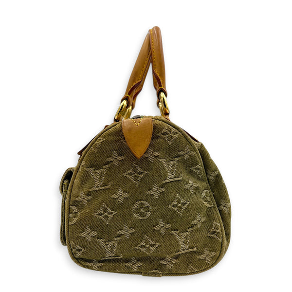 Neo Speedy Green Top Handle Bag in Denim, Gold hardware