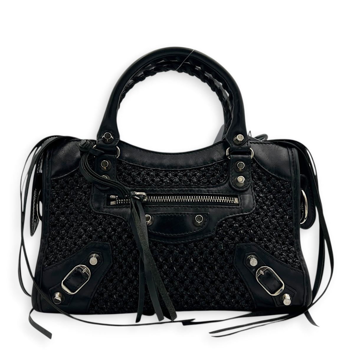 City Mini Woven Top Handle Bag in Mixed Calfskin, Silver hardware