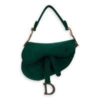 Saddle Shoulder Bag Green in Velvet, Gold hardware