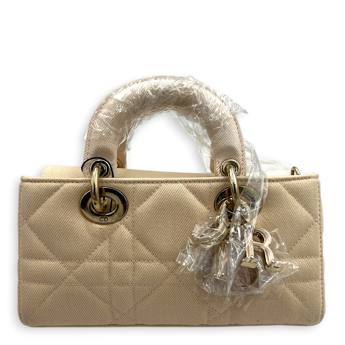 Lady D-Joy Small Beige Top Handle Bag in Canvas, Gold hardware