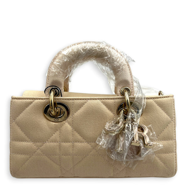Lady D-Joy Small Beige Top Handle Bag in Canvas, Gold hardware