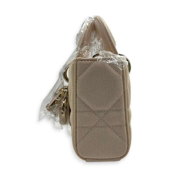 Lady D-Joy Small Beige Top Handle Bag in Canvas, Gold hardware