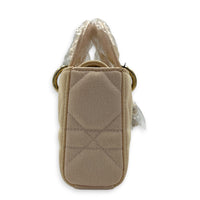 Lady D-Joy Small Beige Top Handle Bag in Canvas, Gold hardware