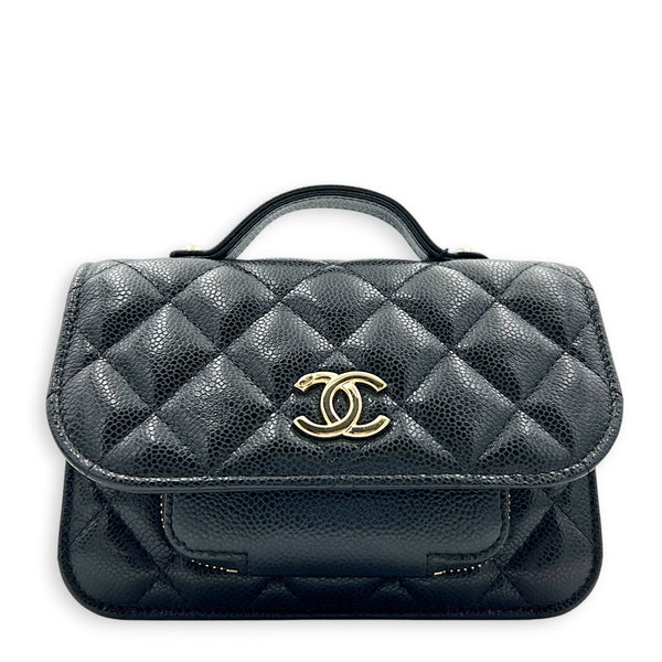 Business Affinity Mini Black Top Handle Bag in Caviar Leather, Gold hardware