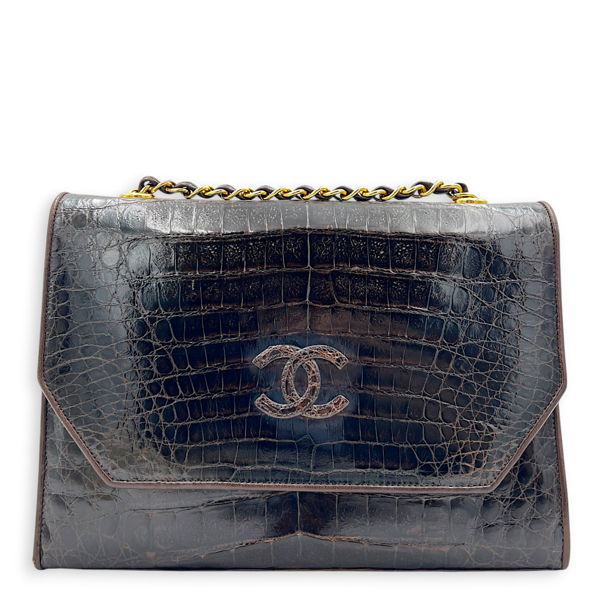 CC Vintage Flap Brown Shoulder Bag in Crocodile Leather, Gold hardware