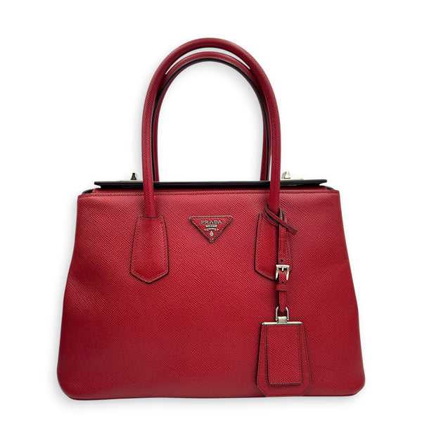 2 way Turnlock Red Top Handle Bag in Saffiano Leather, Silver hardware
