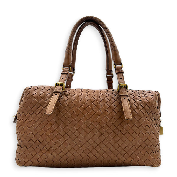 Intrecciato Brown Top Handle Bag in Nappa Leather, Brushed Gold hardware