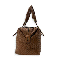 Intrecciato Brown Top Handle Bag in Nappa Leather, Brushed Gold hardware
