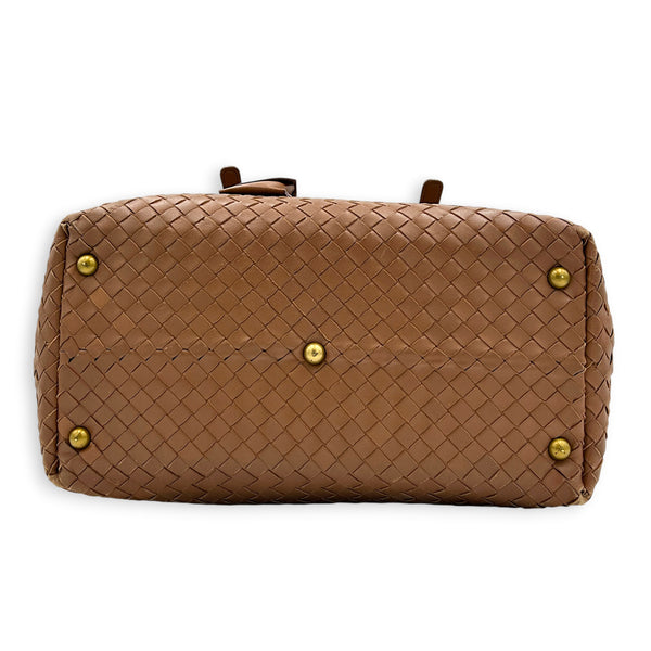 Intrecciato Brown Top Handle Bag in Nappa Leather, Brushed Gold hardware