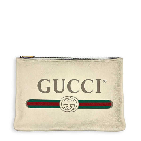 Logo Pouch White in Calfskin, Gold hardware