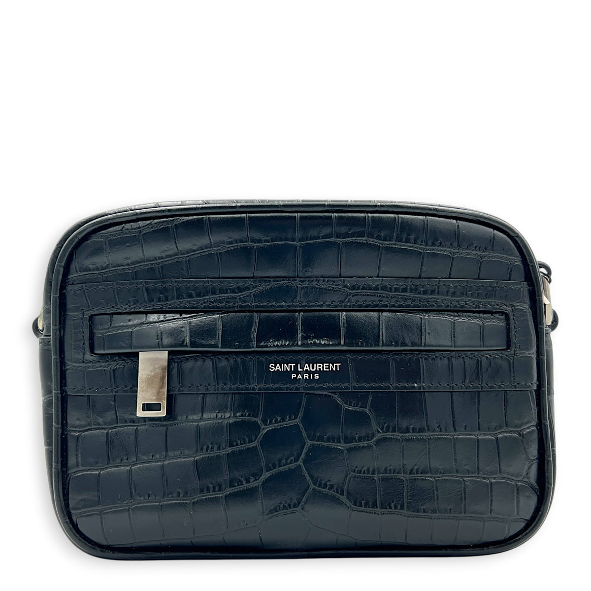 Logo Crossbody Bag Black in Crocodile Embossed Calfskin, Silver hardware