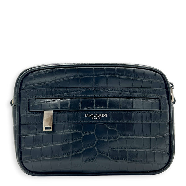 Logo Crossbody Bag Black in Crocodile Embossed Calfskin, Silver hardware