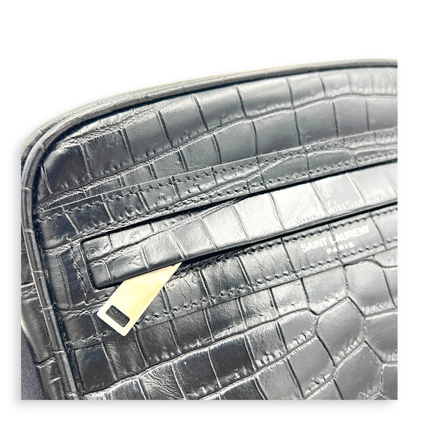 Logo Crossbody Bag Black in Crocodile Embossed Calfskin, Silver hardware