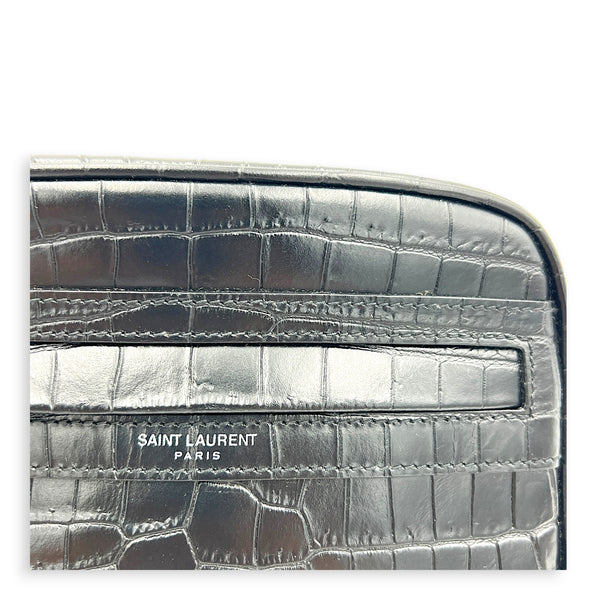 Logo Crossbody Bag Black in Crocodile Embossed Calfskin, Silver hardware