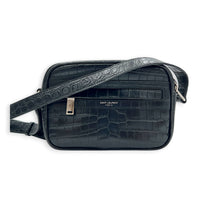 Logo Crossbody Bag Black in Crocodile Embossed Calfskin, Silver hardware