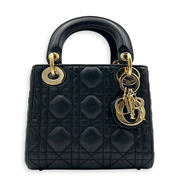 Lady Dior Top Handle Bag Mini Black in Lambskin, Guilloche hardware