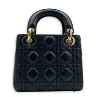 Lady Dior Top Handle Bag Mini Black in Lambskin, Guilloche hardware