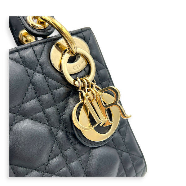 Lady Dior Top Handle Bag Mini Black in Lambskin, Guilloche hardware