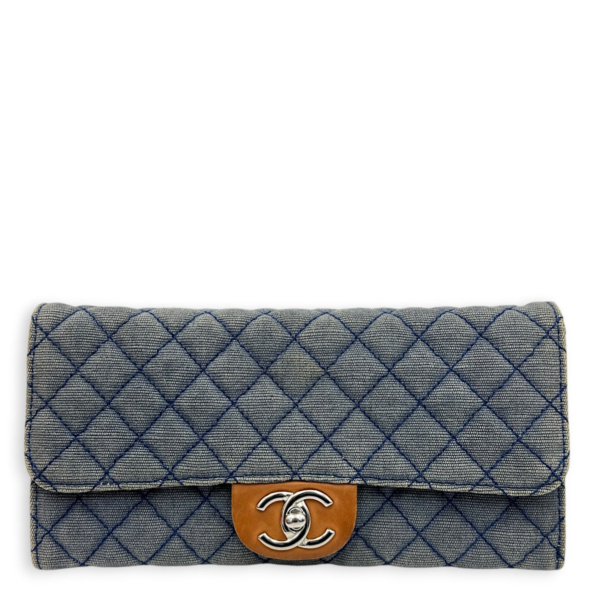 CC Flap Wallet On Chain Blue in Denim, Silver hardware