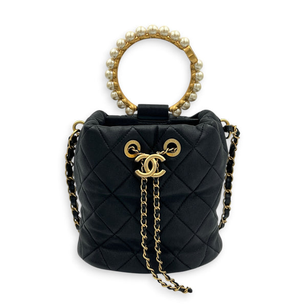 Pearl Handle Black Top Handle Bag in Lambskin, Gold hardware
