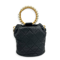 Pearl Handle Black Top Handle Bag in Lambskin, Gold hardware