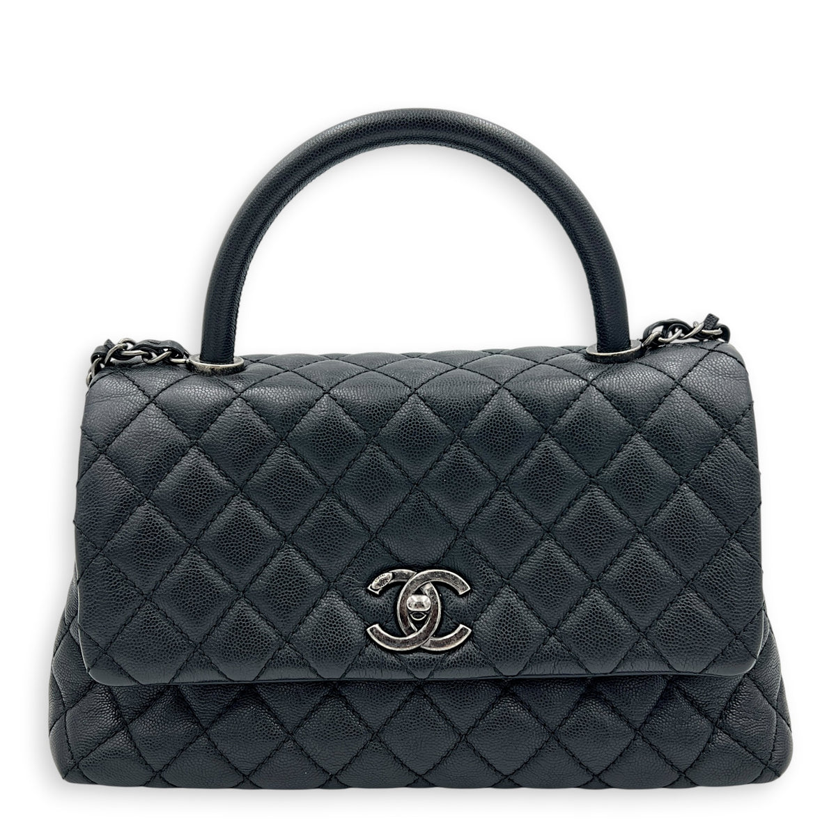 Coco Medium Black Top Handle Bag in Caviar Leather, Ruthenium hardware