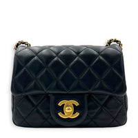 Square Pearl Crush Crossbody Bag Black in Lambskin, Gold hardware