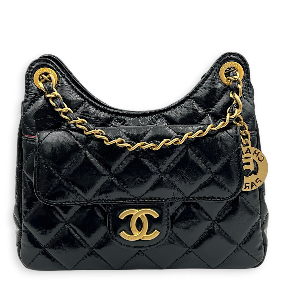 Shiny Crumpled Quilted CC Hobo Bag Small Black in Calfskin, Gold hardware