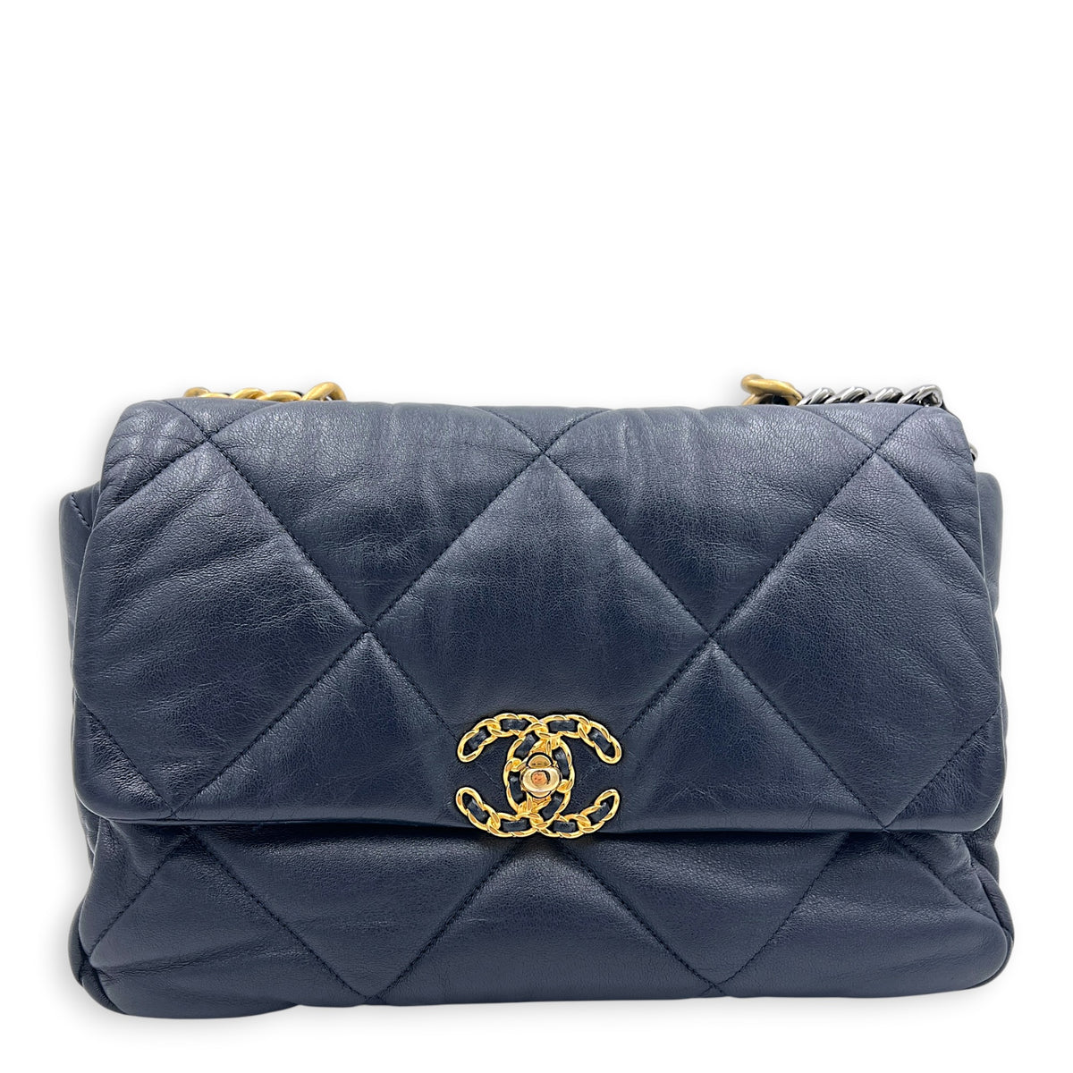 19 Large Blue Shoulder Bag in Goat Leather, Mixed hardware