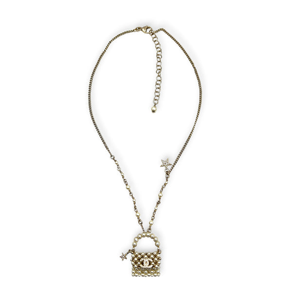 Mini Pearl Bag Gold Necklace in Metal, Gold hardware
