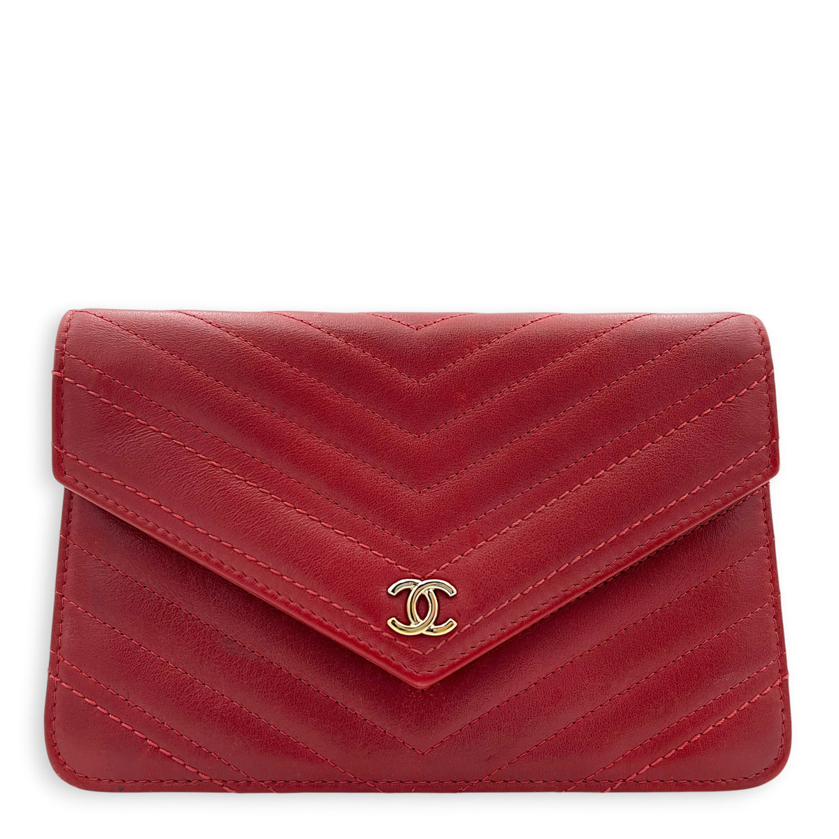 Chevron Statement Pink Wallet On Chain in Calfskin, Gold hardware