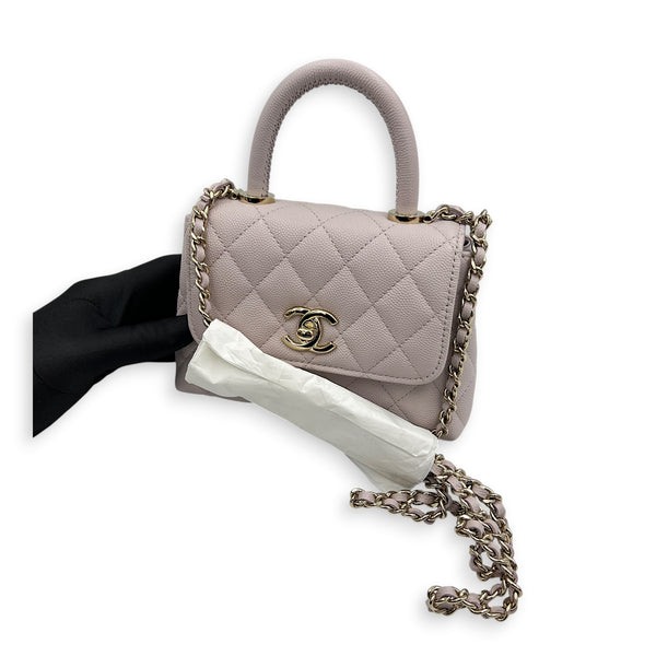 Coco Handle Quilted Super Mini Lilac Top Handle Bag in Caviar Leather, Gold hardware