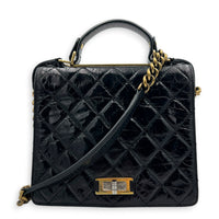 Rita Black Top Handle Bag in Waxed Calfskin, Gold hardware
