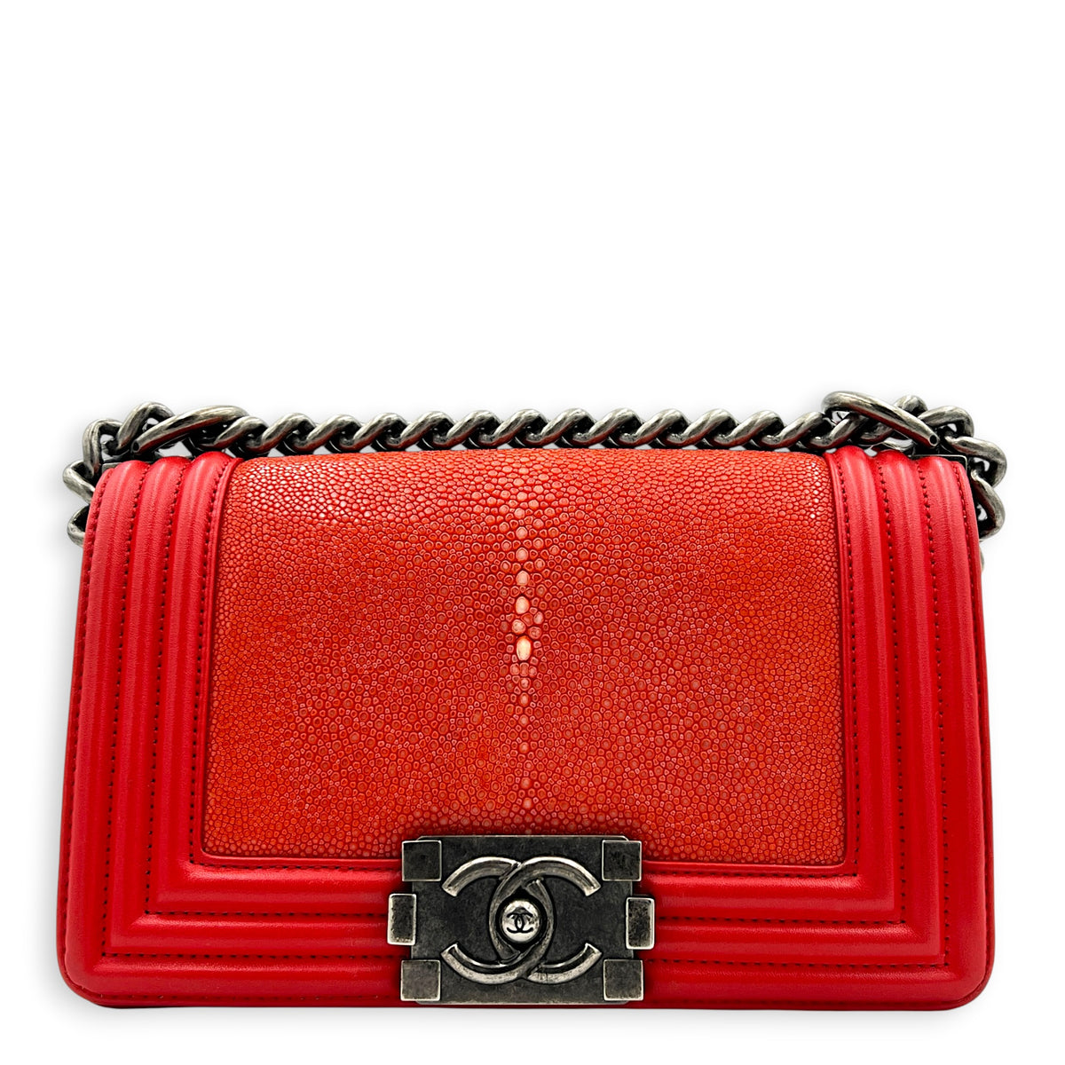 Boy Shoulder Bag Red in Stingray/ Calfskin, Brushed Silver hardware