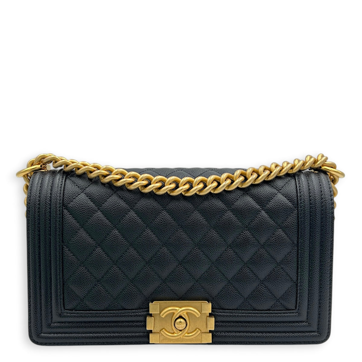 Boy Shoulder Bag Gold in Caviar Leather, Gold hardware