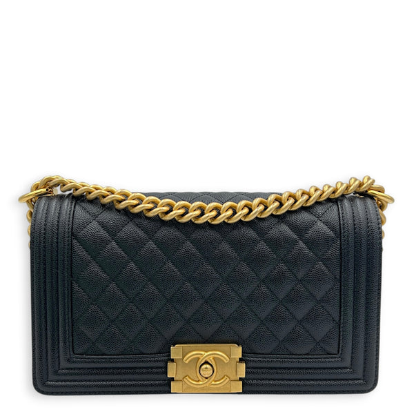 Boy Shoulder Bag Gold in Caviar Leather, Gold hardware