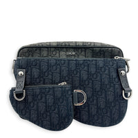 Saddle Triple Pouch Black Crossbody Bag in Oblique Jacquard, Silver hardware