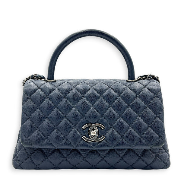 Coco Handle Quilted Top Handle Bag Blue in Caviar Leather, Ruthenium hardware